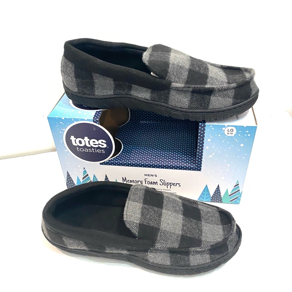 TOTES NWT Mens Large 9-10 Black Gray Plaid Toasties Memory Foam Slippers TLB2